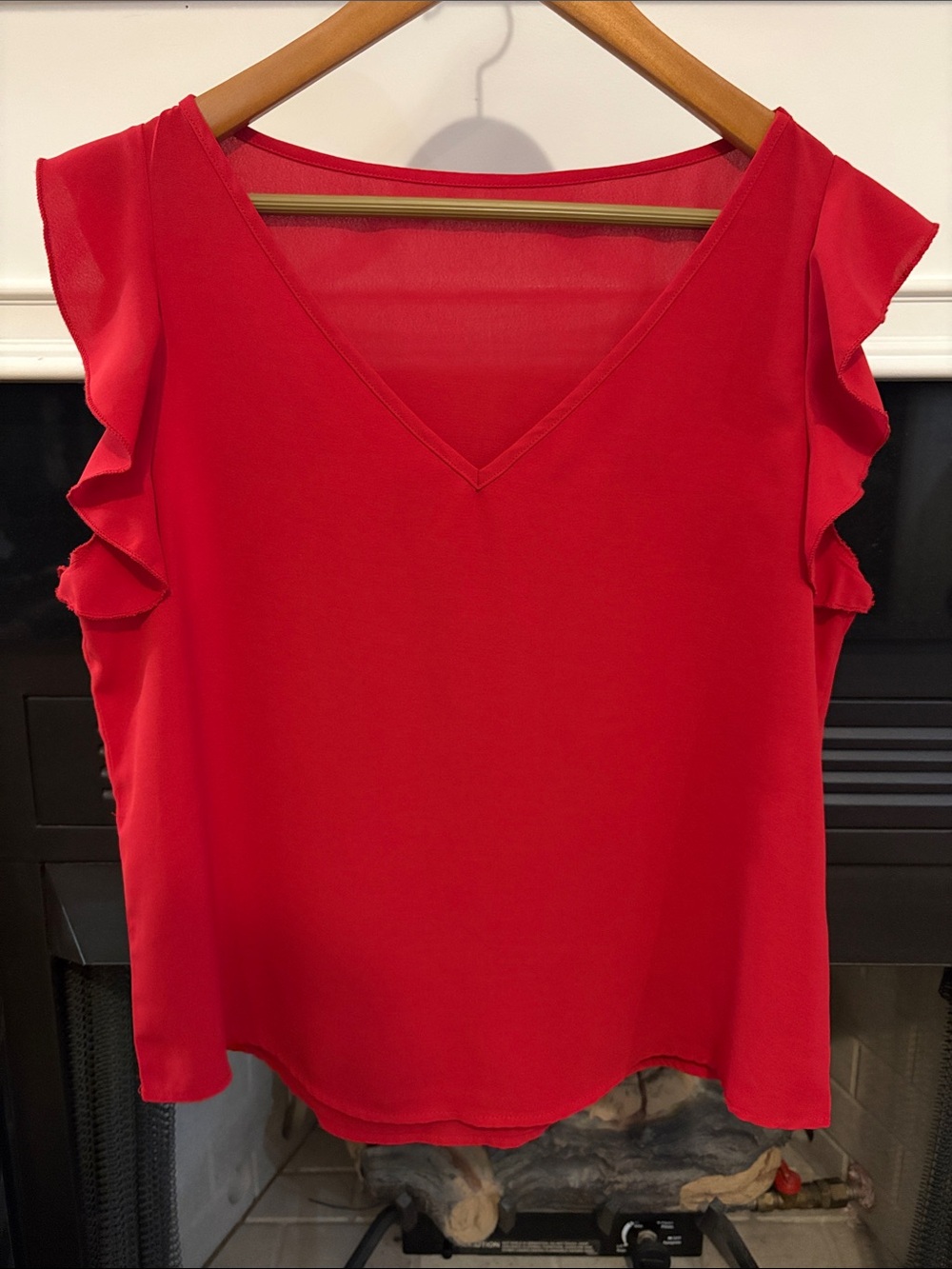 Shein Red V-Neck Ruffle Sleeve Women's Top, size L, 8-10.